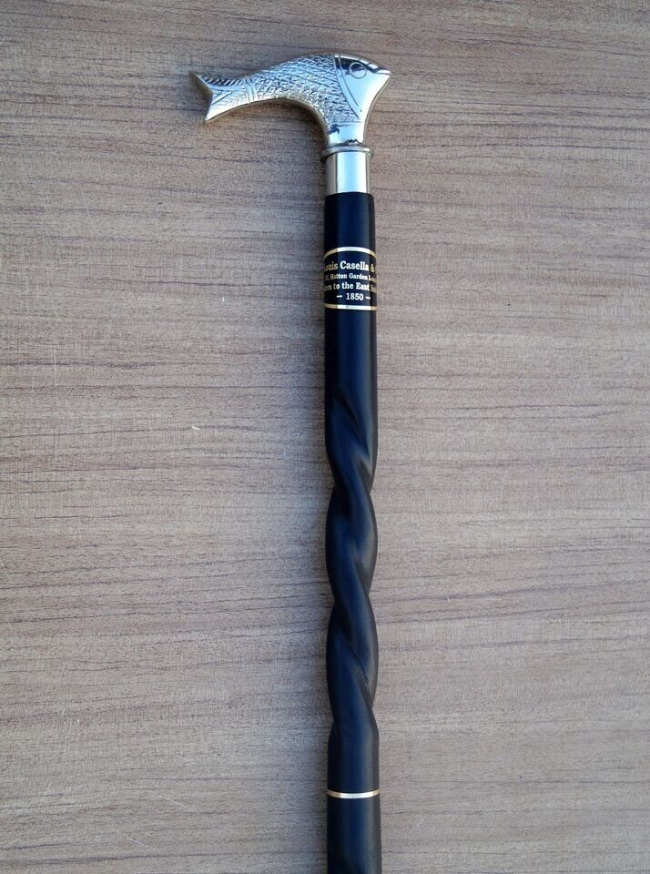 Solid Brass Handle Walking Stick Silver Fish Hand… - image 5