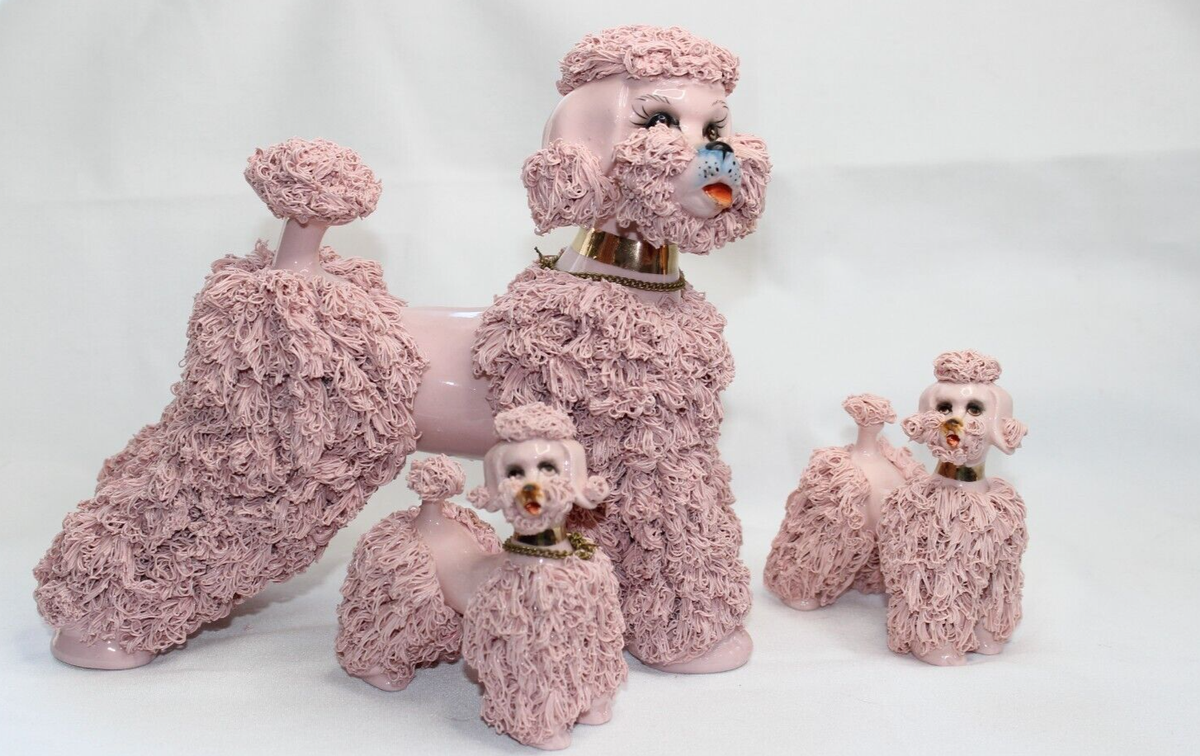 Large 1950s Vintage Pink Spaghetti Poodle Porcelain Figurine Two