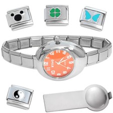 Orange Oval Italian Charm Watch Bracelet Plus Charm Tool Enamel Charms