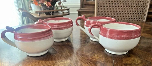 4 Studio Pottery Soup Mugs Deep  Pink White Artist Signed LARGE