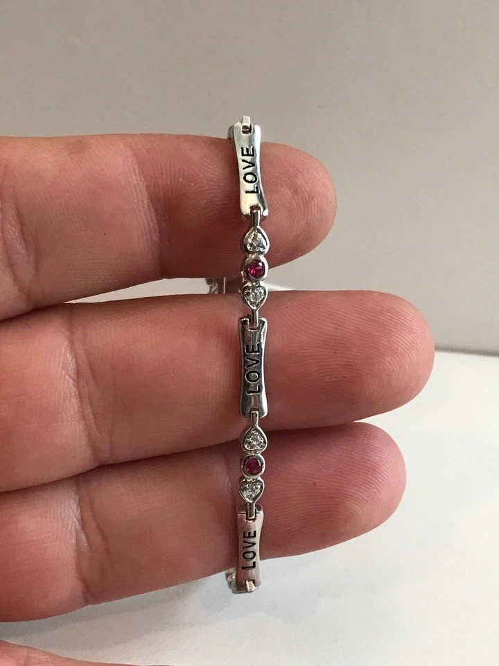 LOVE BRACELET LAB SIMULATED DIAMONDS & RUBY GEMS / 925 STERLING SILVER 7'' LONG - Image 2 of 4