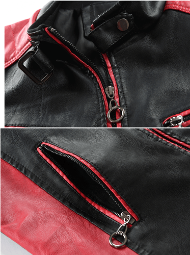 New men's standing collar color matching zippered cardigan leather jacket - Picture 13 of 20