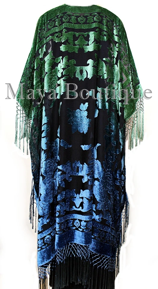 Chaqueta Kimono Caftán Arte Usable Azul Verde Terciopelo Teñido a Mano Maya Matazaro Foto 4 de 4