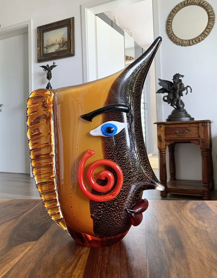 Glasvase Vase Gesicht Blumenvase Kunstvase Tischvase Glaskunst Murano Stil Deko - Bild 1 von 4