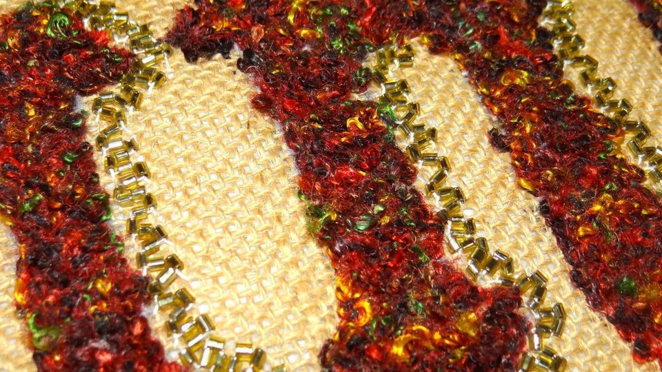 2 Burlap Jingle Bell Lumbar Throw Pillow Rustic Christmas Decor 19"x13" Beaded - Image 4 of 4