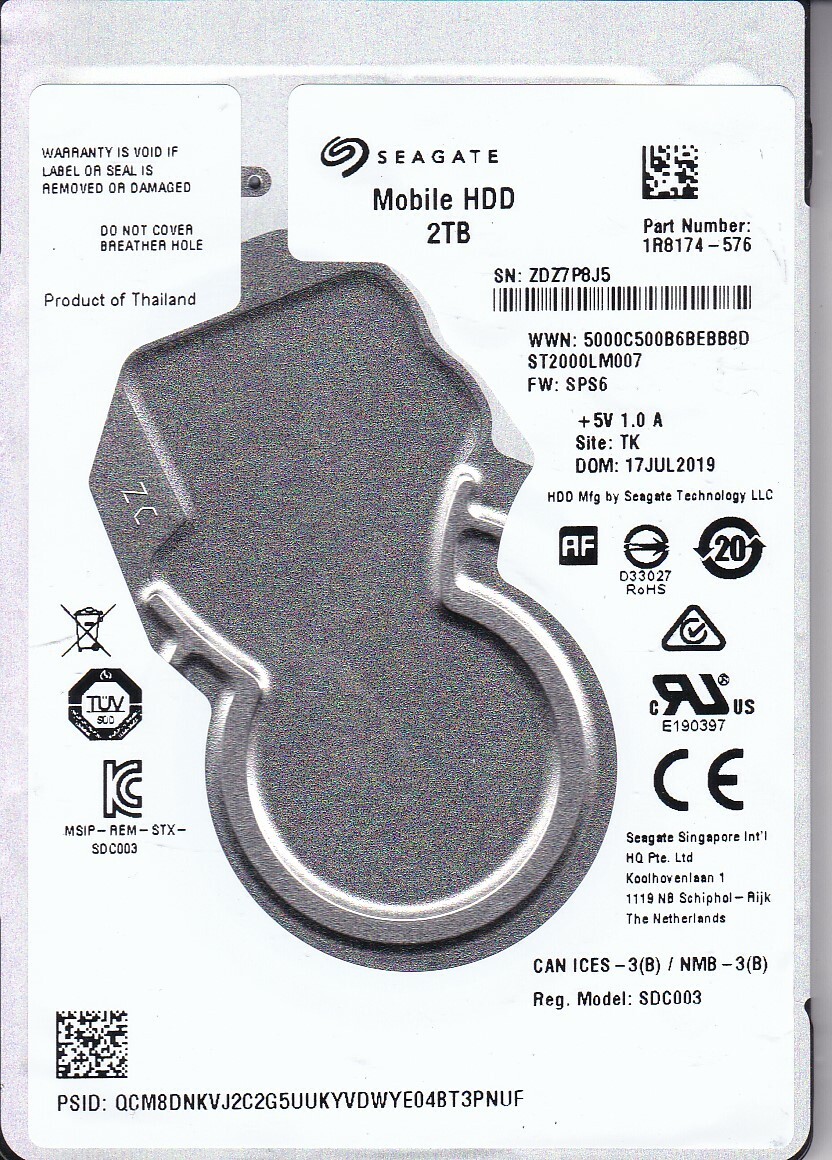 ST2000LM007, 1R8174-568, SBK2, 6151 A, Seagate SATA 2.5 PCB