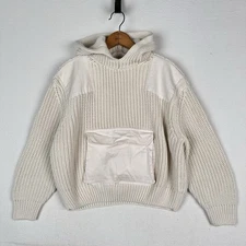 Mango Women’s XS Cropped Hooded Cable Knit Patchwork Sweater Cream Front Pocket