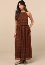 Lulus Madriana Brown Halter Neck Ruffed Midi Dress Bohemian Summer Sz Small