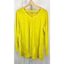 LOGO by Lori Goldstein Size L Distressed Cotton Top w Embroidery Key Lime Yellow