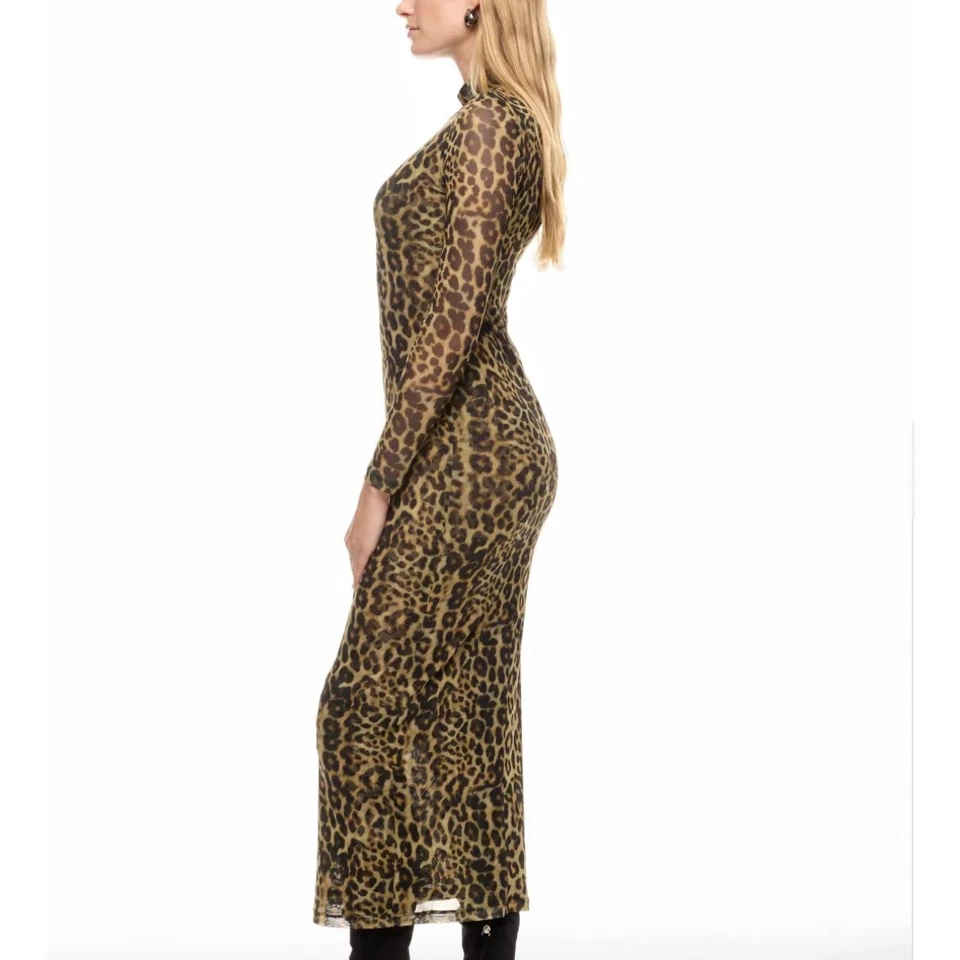 Ronny Kobo Leopard Print Mesh Midi Dress MEDIUM Bodycon Sheer Turtleneck $380 - Image 3 of 4