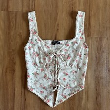 Floral Lace Up Corset Cropped Tank Top White Pink Floral Size A
