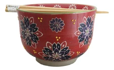 Red Chrysanthemum Floral Art Large 24Oz Donburi Ramen Bowl With Chopsticks Set