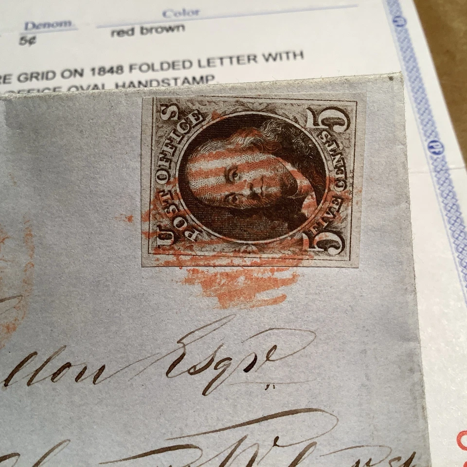 US #1 1847 tied + SWARTS OVAL HANDSTAMP COVER Folded Letter 1848 + PF Cert - Image 3 of 4