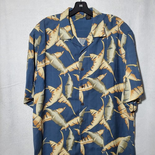 Axist Shirt Men's Large 100% Silk Short Sleeve Button Up Blue Floral Hawaiian - Picture 2 of 9