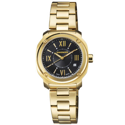 Wenger Edge Women's 34mm Black Dial Gold SWISS Made Quartz Watch 01.1121.114 NIB