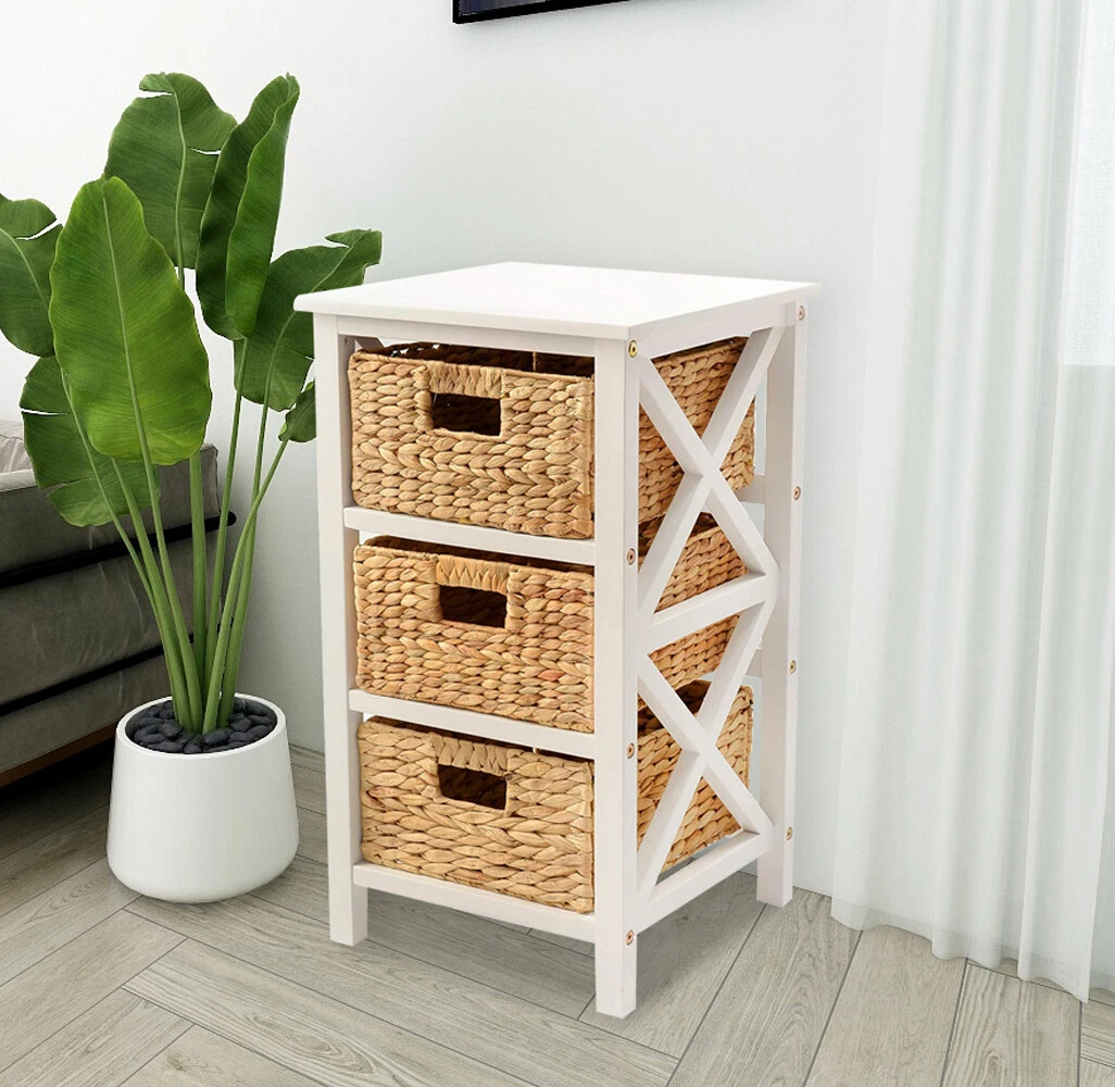 eHemco 3 Tier X Side End Storage Cabinet with 3 Wicker Baskets