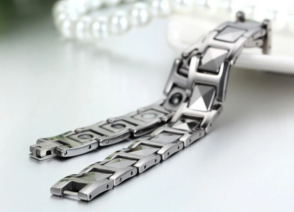 Men's Silver Tungsten Carbide Link High Power Therapy Magnetic Bracelet Chain - Image 2 of 4