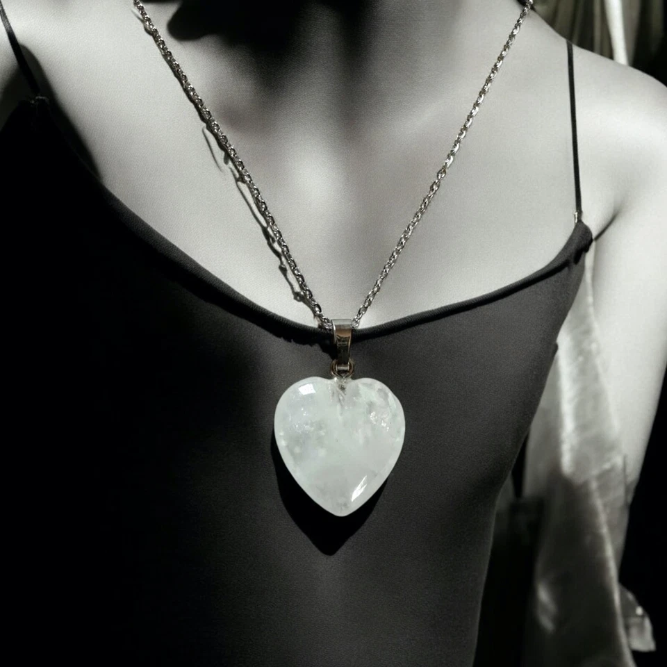 Collana argento in acciaio Inox ciondolo Cuore Pietre vere Quarzo Ialino - Immagine 3 di 4