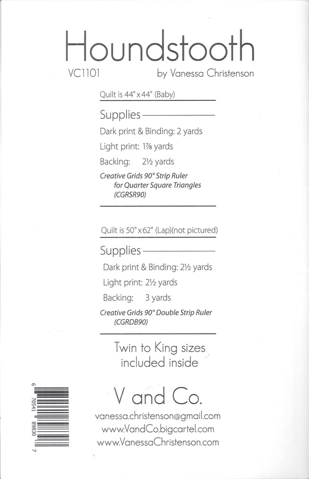 Houndstooth Baby Lap Twin Queen King Quilt Pattern 2011 V and Co VC1101 Uncut - Image 2 of 2