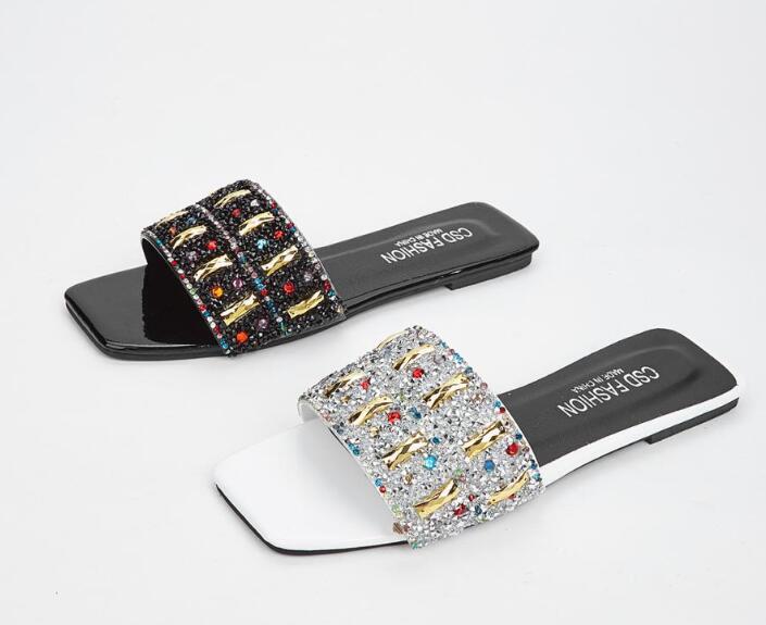 Womens Fashion Summer Peep Toe Sequins Diamante Flats Slippers