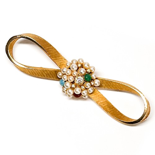 Vtg Bow Brooch Pin Brushed Gold Tone Cluster Faux Pearls Rhinestones
