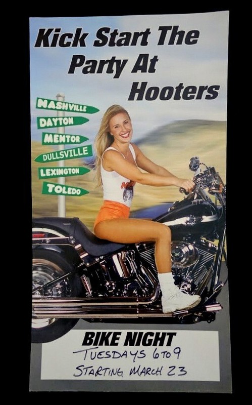 Vtg Hooters Girl Mini Poster 16" x 8" Kick Start Party Bike Night Promo Ad