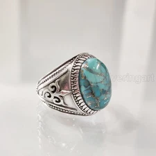 BLUE COPPER TURQUOISE GEMSTONE 925 STERLING SILVER GIFT ARABIC HEAVY MENS RING