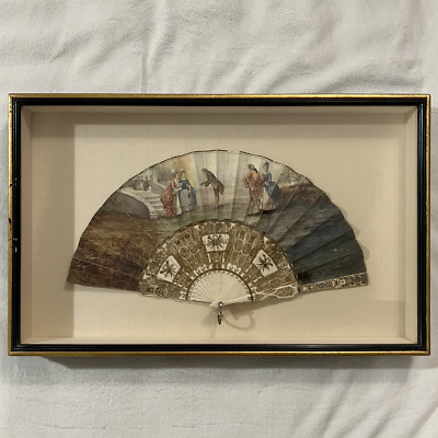Vintage Decorative Hand Fan, Framed Shadow Box - Man presents women with a gift