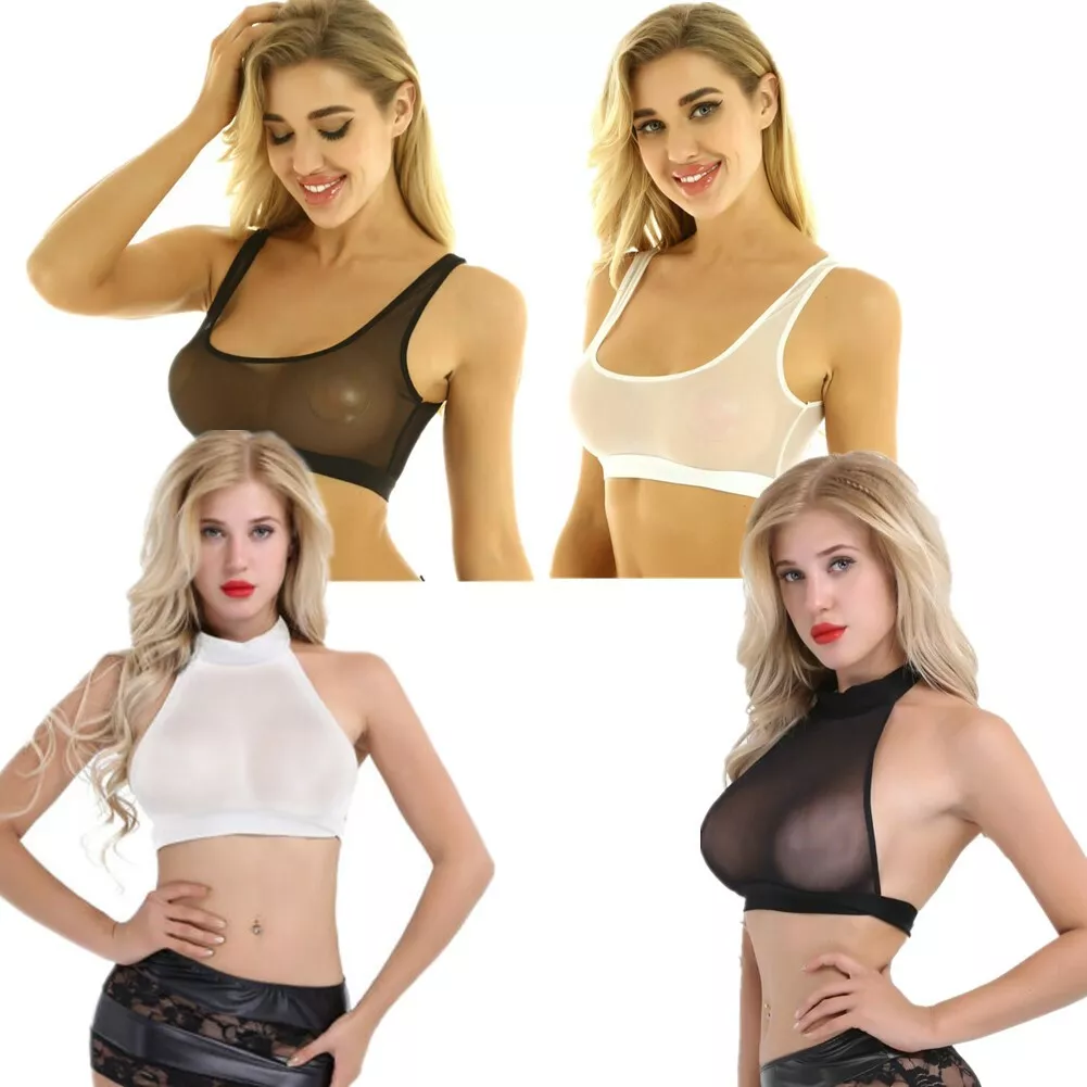 Womens Sexy Sheer Mesh Crop Tops Sleeveless See Through Bra Vest Shirt  Blouse