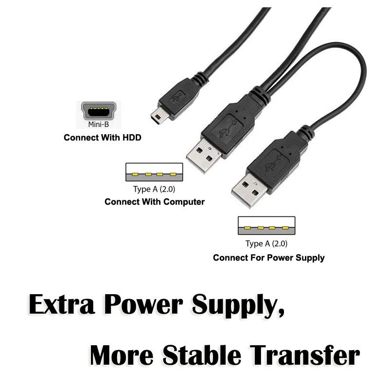 USB 2.0 to Mini B 5-Pin Male to Male Data Power Y-Cable 2.5" HDD External Disks - Image 2 of 4