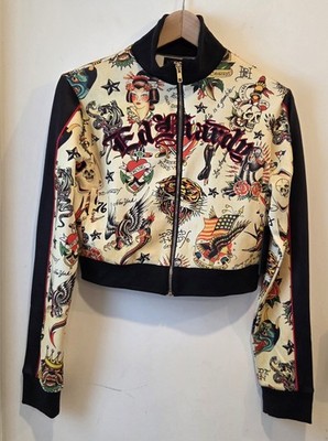 Ed Hardy Women M Embroidered Allover Graphic Print Cropped Full Zip Track Jacket