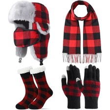 4 Pcs Winter Plaid Trapper Hat with Gloves Scarf Socks Set for Red and Black