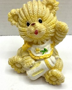 Teddy Bear Figurine w/ Bottle & Bib Ceramic Nursery Decor Baby Yellow Yarn Look