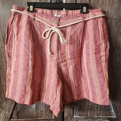 J. Jill Love Linen Pink Red Coral Striped Shorts Size 18 Elastic Button Waist