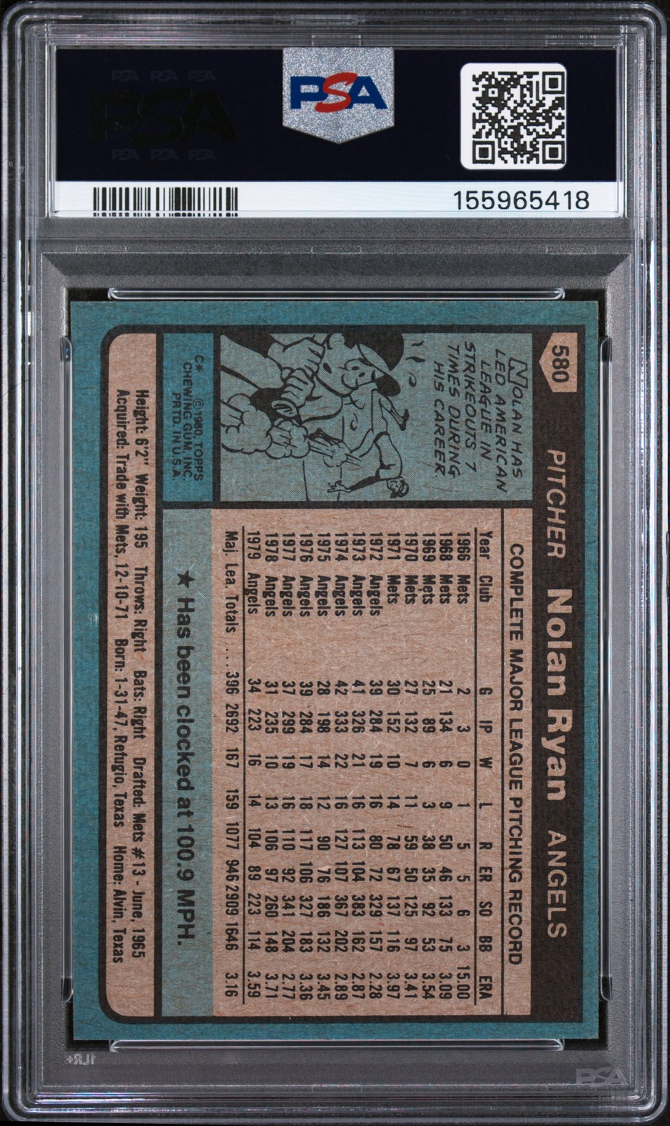 1980 TOPPS #580 NOLAN RYAN PSA 7 view 2