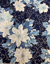VIP CRANSTON - BLUE W/SILVER METALLIC POINSETTIAS BERRIES, 60"W--1 5/8 YARDS