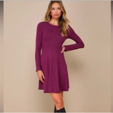 Lulu's Long Sleeved Mauve Purple Fit And Flare Soft Ribbed Skater Dress size L