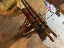 VTG Croquet Set with Original METAL Cart Stand 6 Balls 6 Sticks 2 Post 9 Hoops