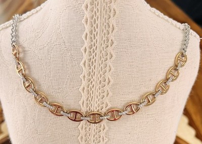 BP Mariner Link Necklace In Two Toned Metal Rose Gold Pl w/Rhodium Pl Oval Links