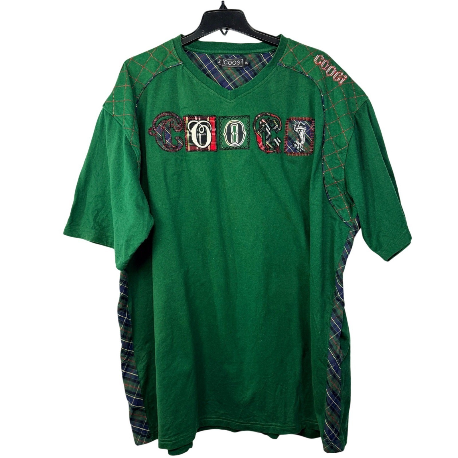 Coogi Mens Green Plaid Patchwork T-Shirt Embroidered 6XL Streetwear Big Tall