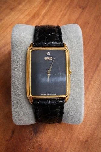 Vintage Seiko Tank Watch Men Gold Tone Rectangle Diamonds Black Face