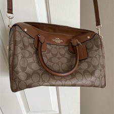 Coach Brown Tan Logo Satchel Double Handles Adjustable Strap Gold Hardware