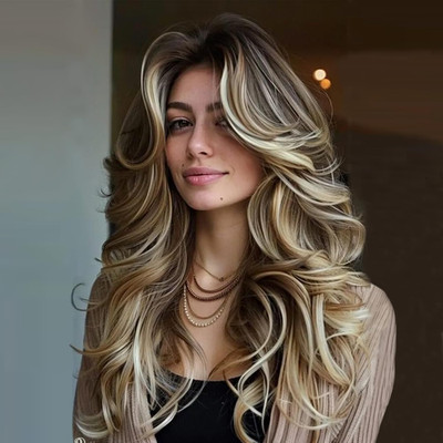 Long Wavy Highlight Honey Brown Mixed Blonde Layered Wig with Curtain Bangs for