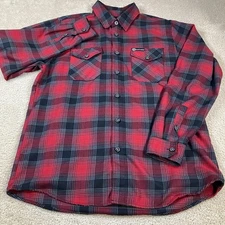 Dixxon Mens SZ Large Adams Polishes Red Plaid Long Sleeve Flannel Buttton Down