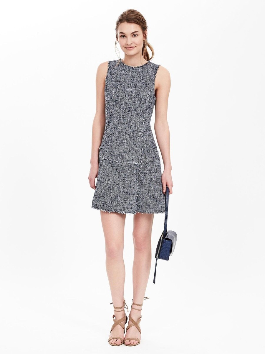 banana republic tweed fit and flare dress Banana Republic Short-Sleeve Frayed-Edge Tweed Dress