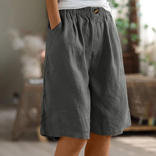 Womens Solid Color Pants Pocket Button Up Capris Loose Elastic Waist Shorts - Bild 37 von 63