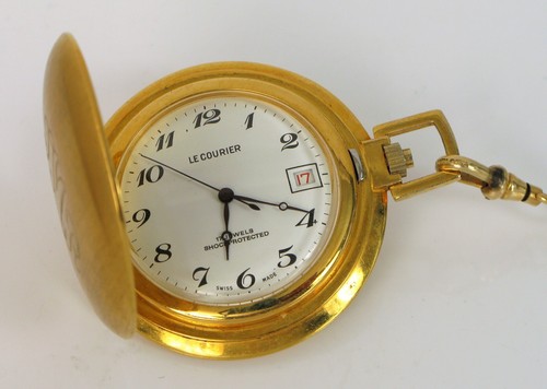 POCKET WATCH LE COURIER 17J GOLD TONE DATE WATCH SWISS WITH GOLD FILL CHAIN FOB