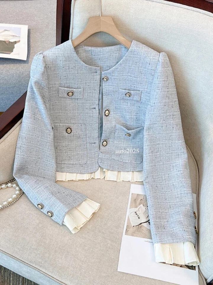 Otoño Invierno Tweed Francés Conjunto de 2 Piezas Chaqueta Corta Abrigo + Trajes Falda Larga Tejida Foto 3 de 4