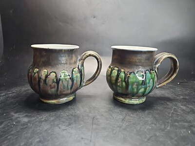 Set Of 2 Charles Fach Green Brown Drip Glaze Studio Art Pottery Mugs