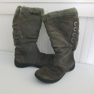 Bare Traps Erin Tall Lace Up Gray Suede Leather Boots Womens Faux Fur  Mid